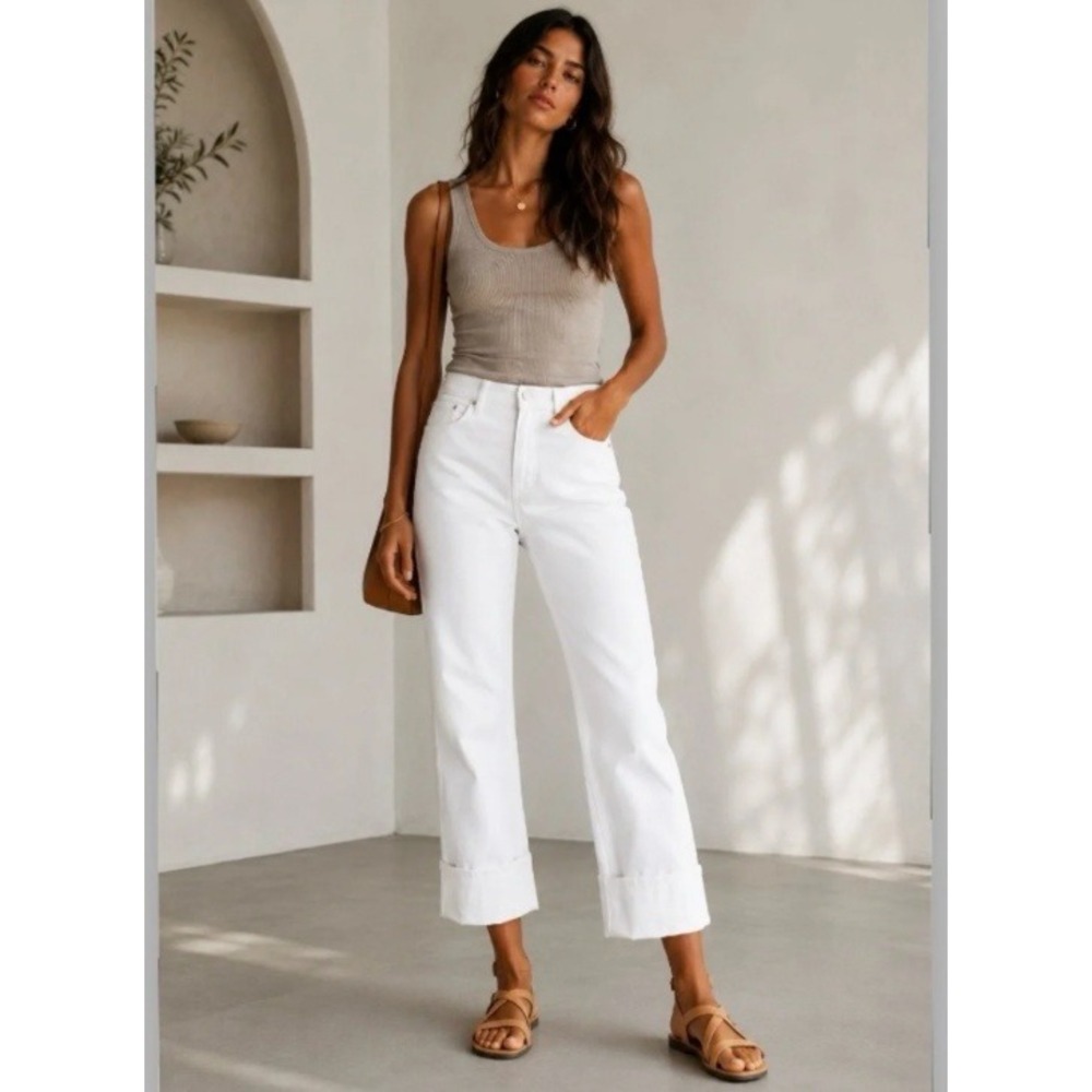 FRAME Denim Le High Oversized Cuffed Straight Leg Jean Women 28 Blanc Minimalist